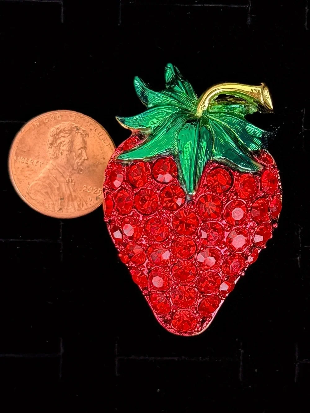 Red Crystal Strawberry Brooch with Green Leaves